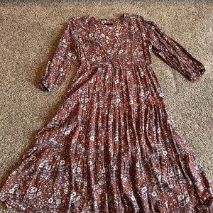 Madewell Floral Long Sleeve Dress in Burgundy and Blue